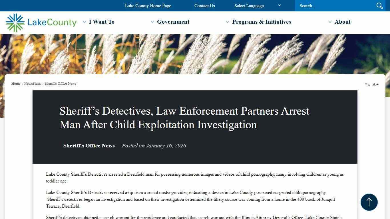 Sheriff’s Detectives, Law Enforcement Partners Arrest Man After Child Exploitation Investigation • Lake County, IL